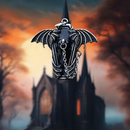 Gothic Steel Coffin With Bat Pendant Necklace