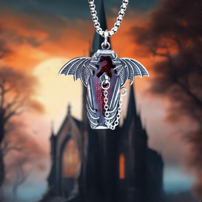 Gothic Steel Coffin With Bat Pendant Necklace