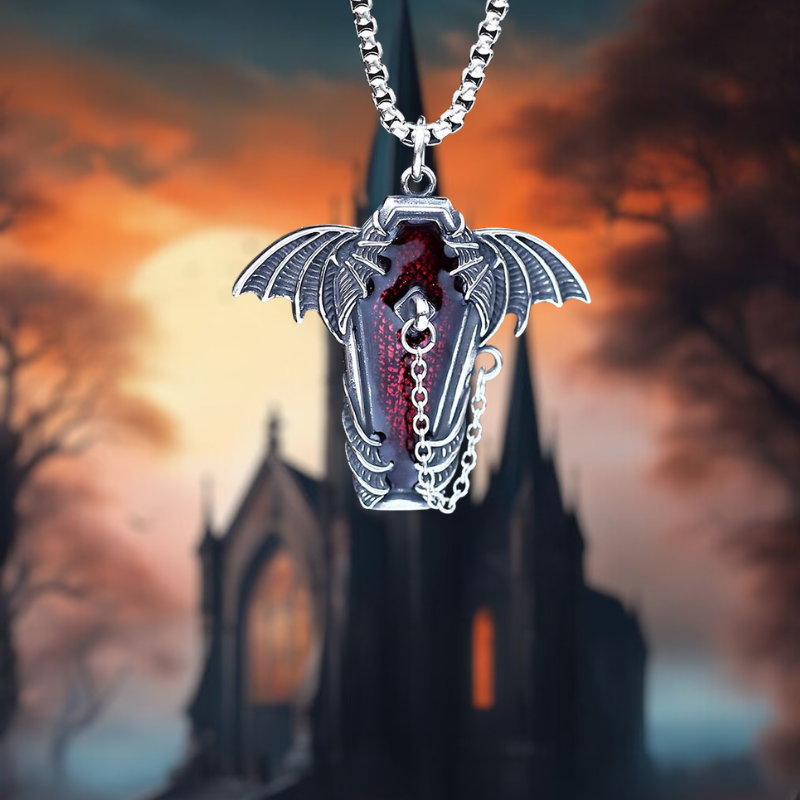 Gothic Steel Coffin With Bat Pendant Necklace