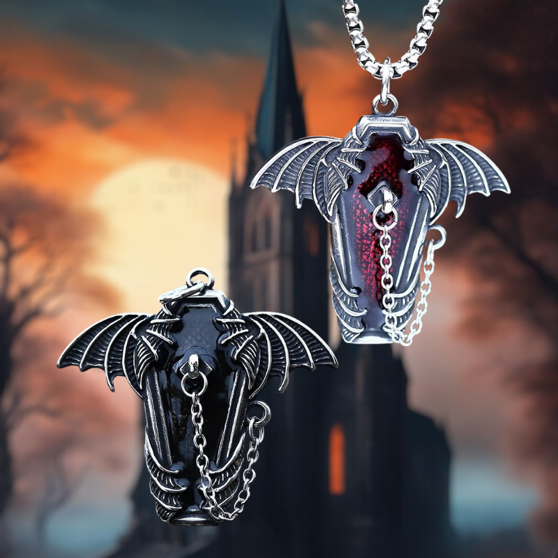 Gothic Steel Coffin With Bat Pendant Necklace